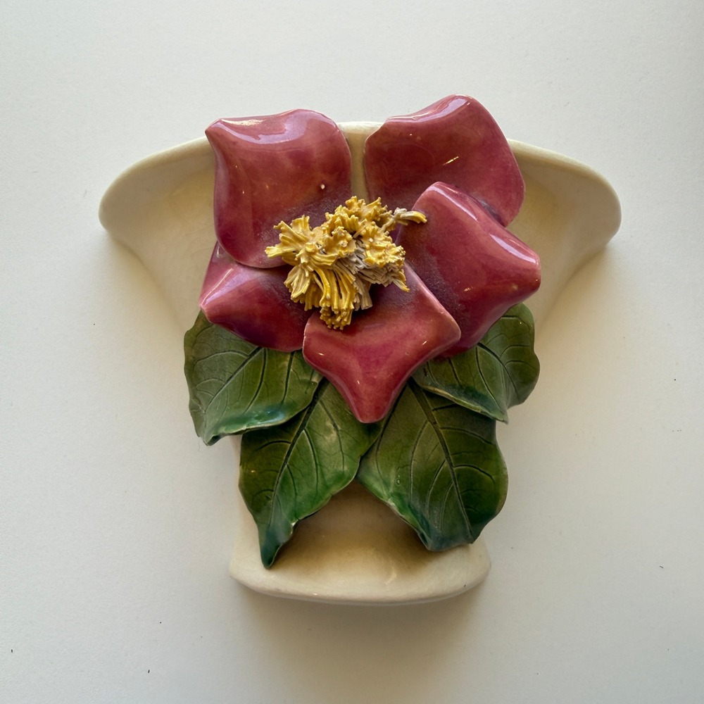 Vintage Ceramic Wall Pocket Vase 3D Pink Flower Botanical Mid Century Decor